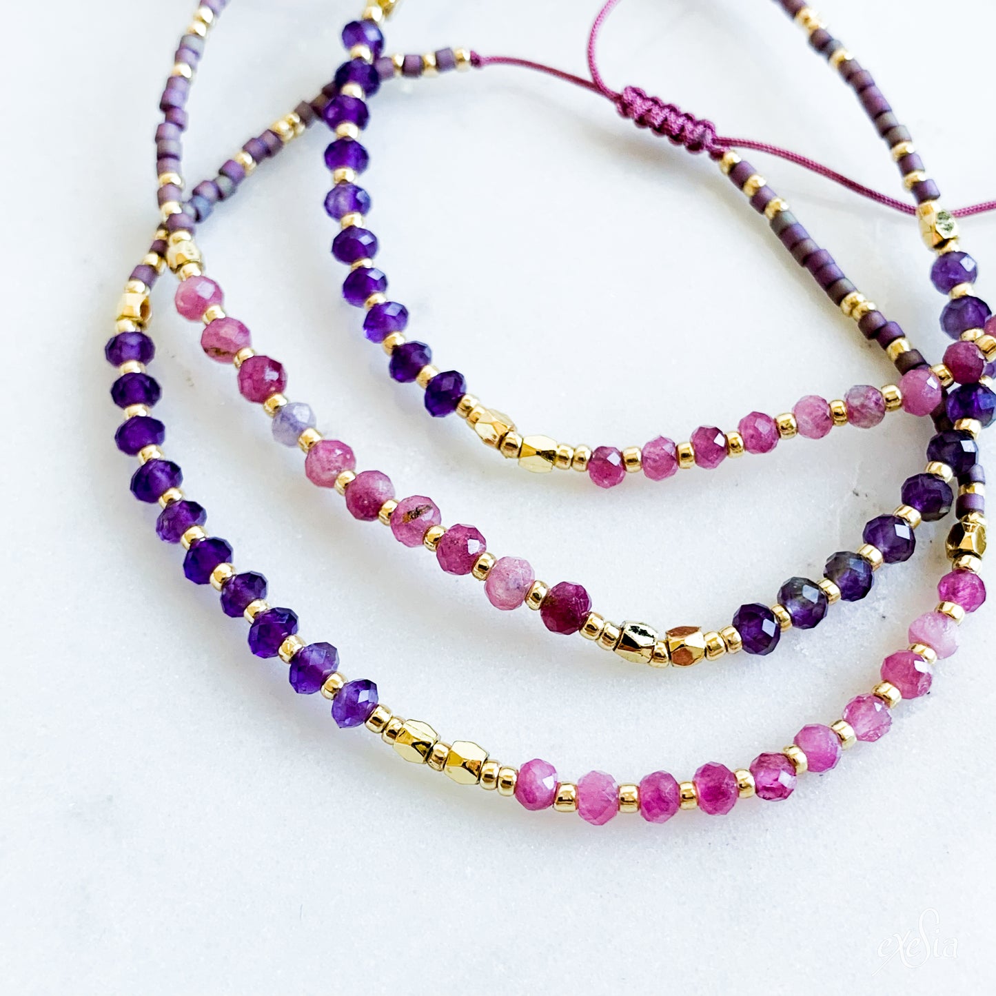 Rose Quarts + Amethyst String Bracelets