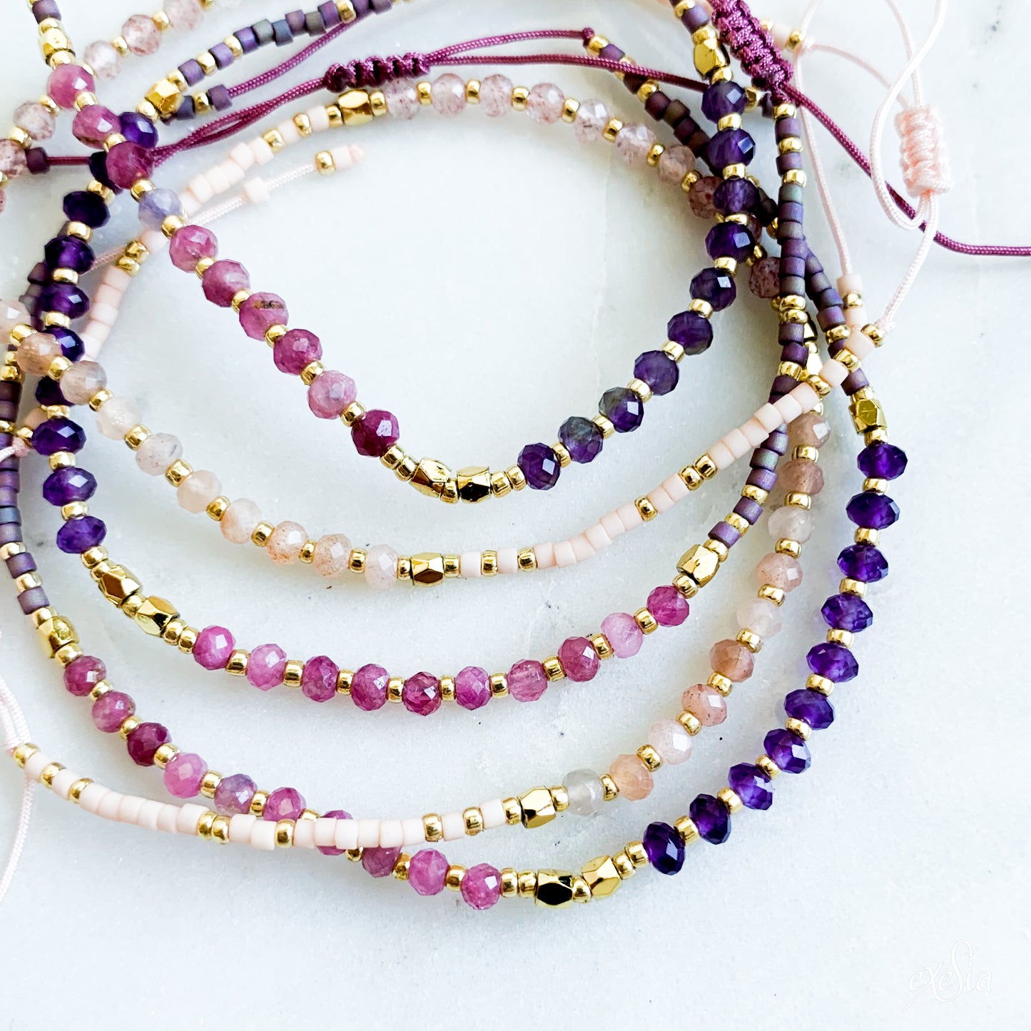 Rose Quarts + Amethyst String Bracelets