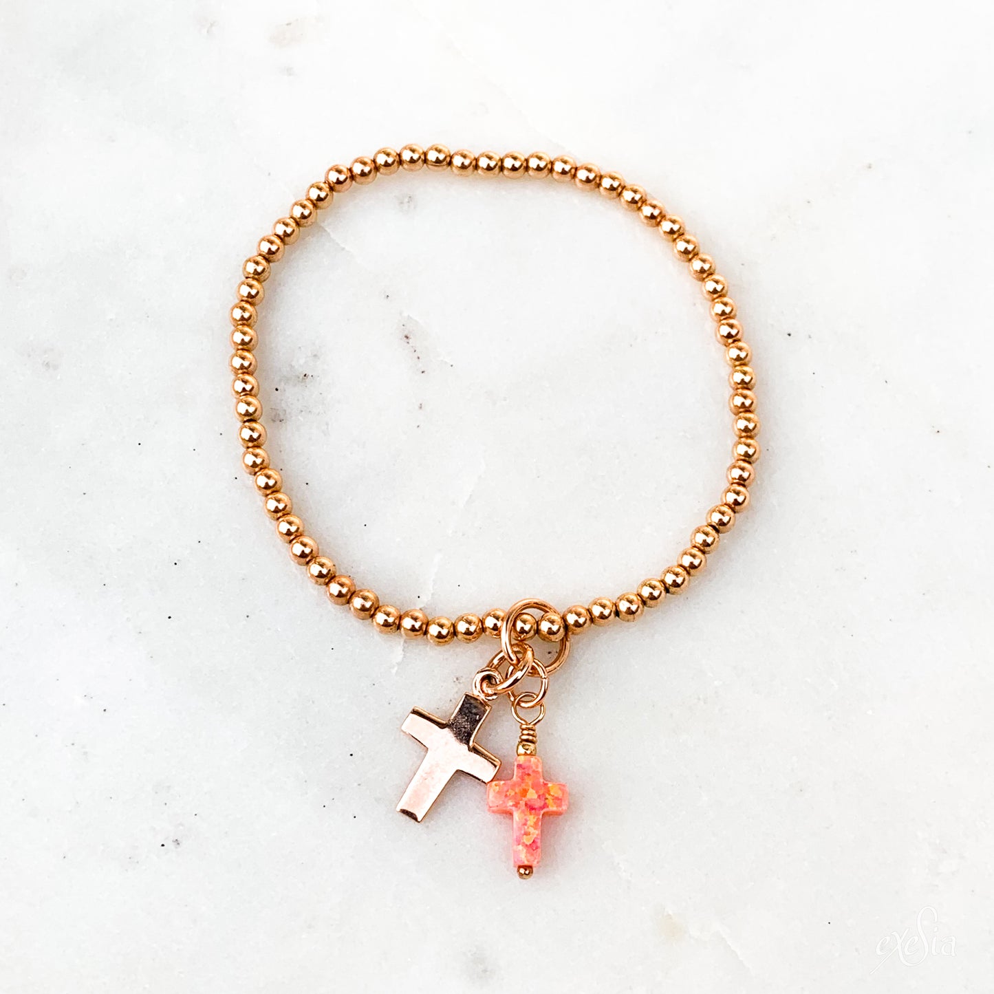 Salmon Pink Opalite Double Cross Charm Bracelet