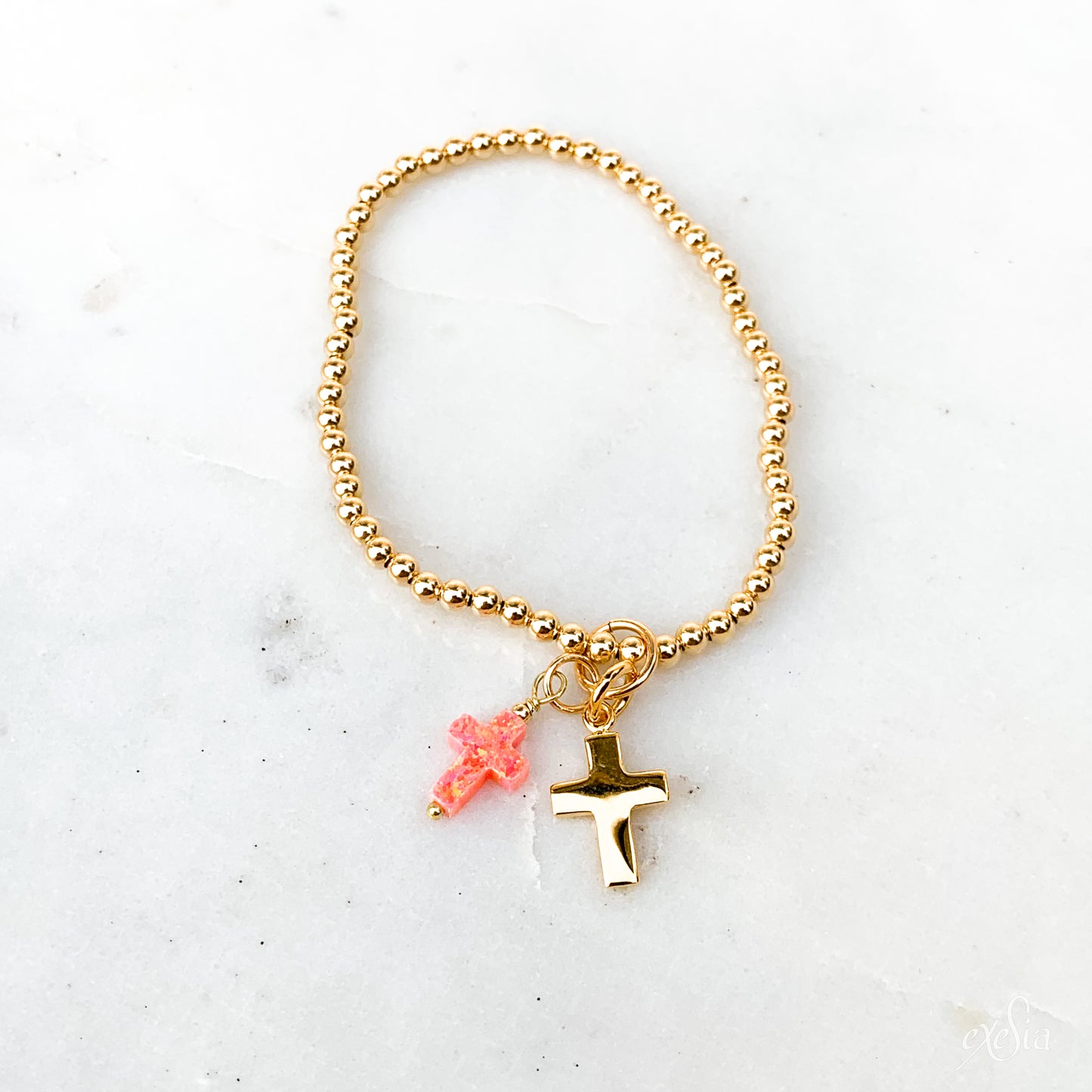 Salmon Pink Opalite Double Cross Charm Bracelet