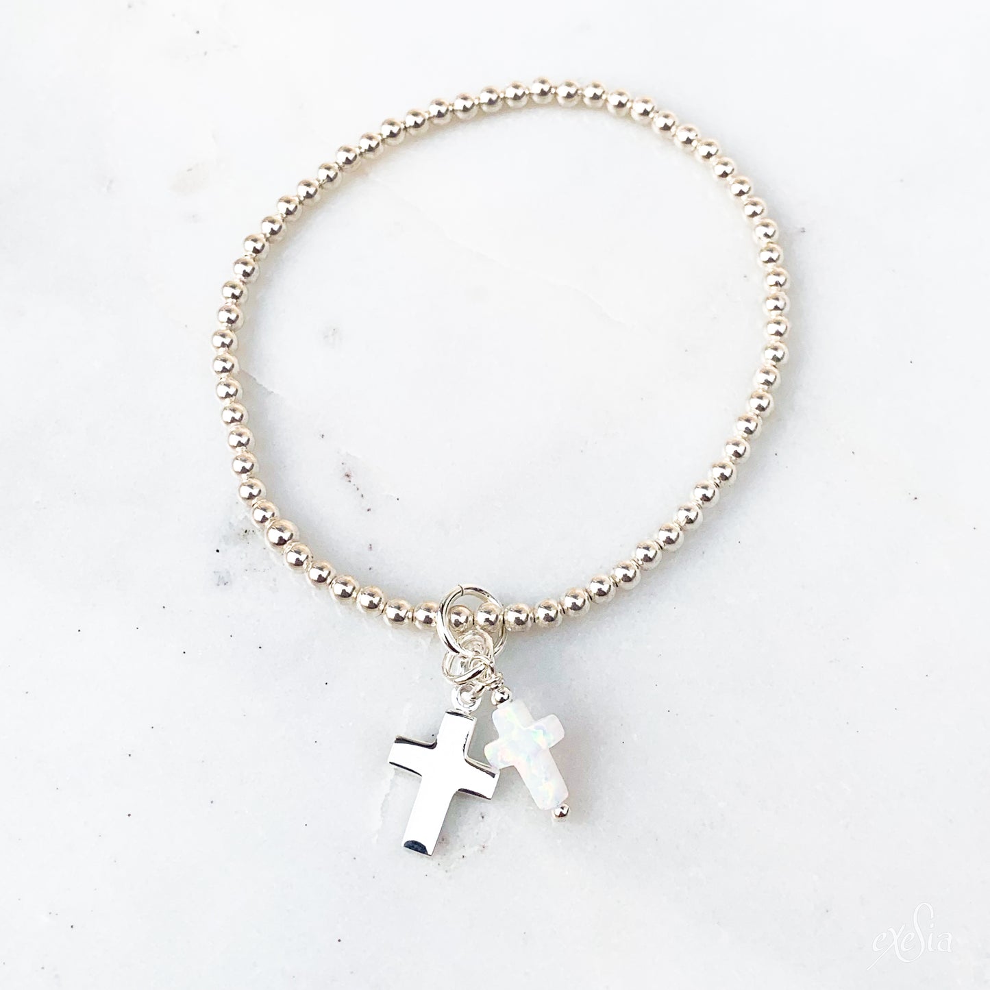 White Opalite Double Cross Charm Bracelet
