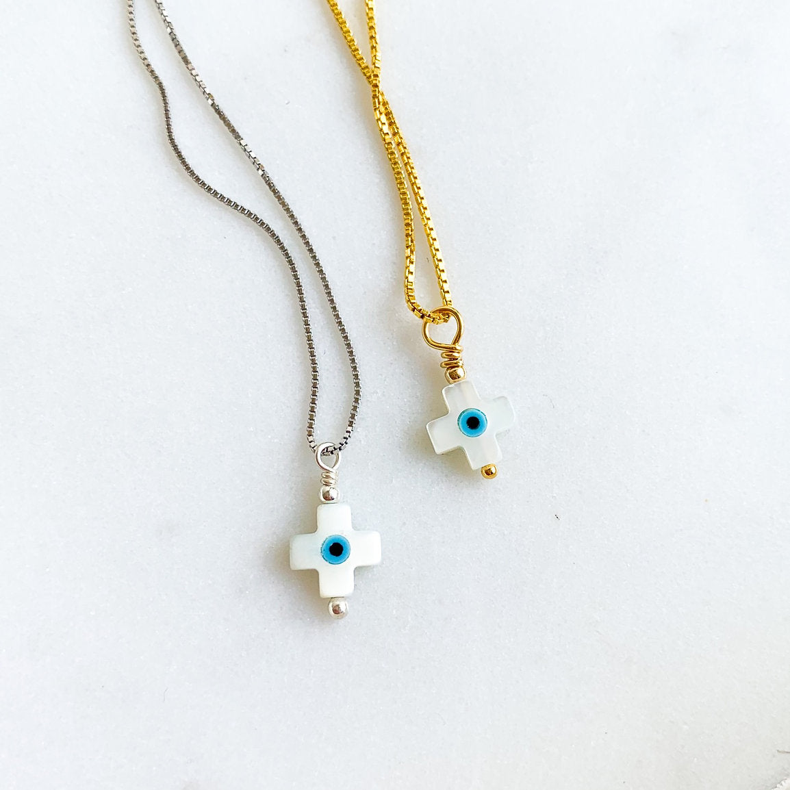 Mother of Pearl Square Cross Mati Pendant Necklace