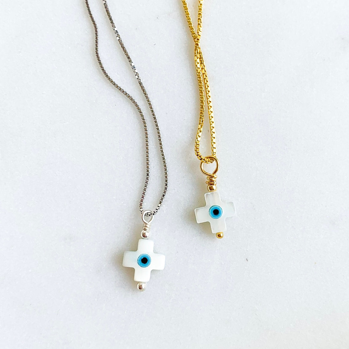 Mother of Pearl Square Cross Mati Pendant Necklace