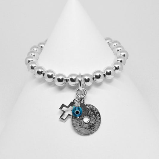 Greek Drachma Coin,Cross & Mati Charms on 8mm Bracelet