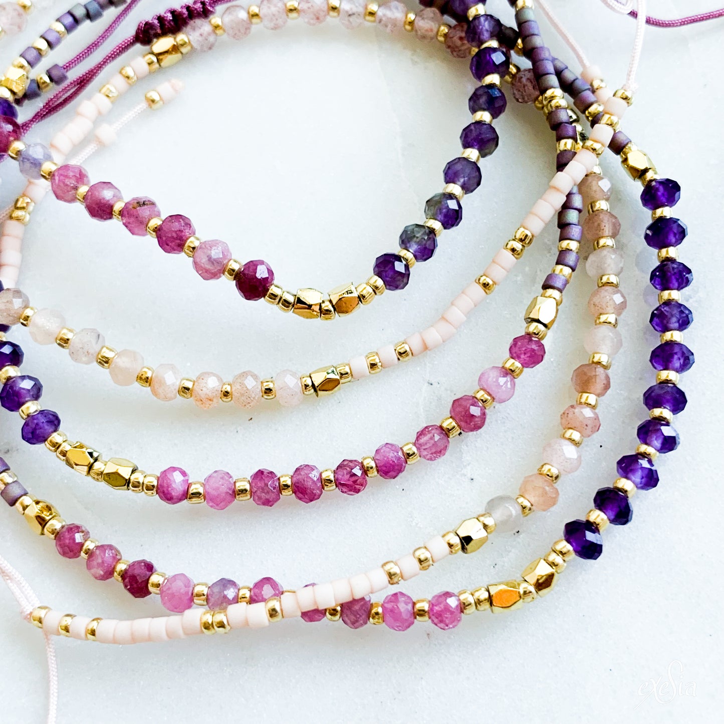 Rose Quarts + Amethyst String Bracelets