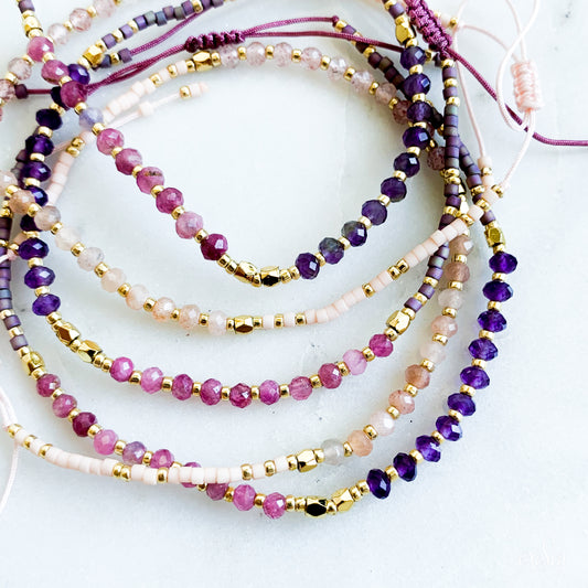 Rose Quarts + Amethyst String Bracelets