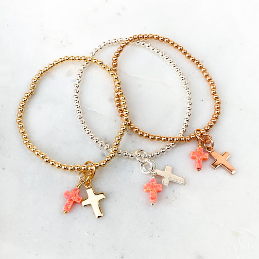 Salmon Pink Opalite Double Cross Charm Bracelet