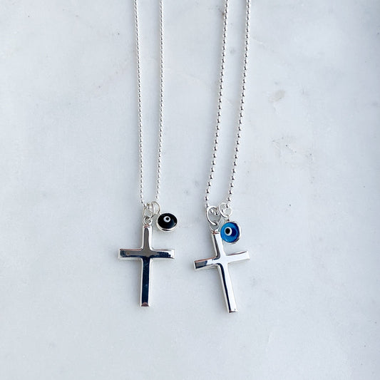 Men’s Large Silver Cross & Mati Necklace