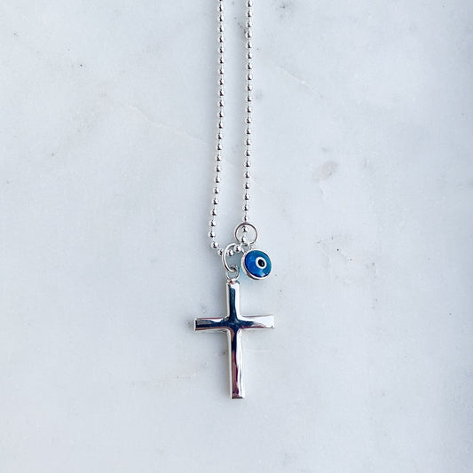 Men’s Large Silver Cross & Mati Necklace