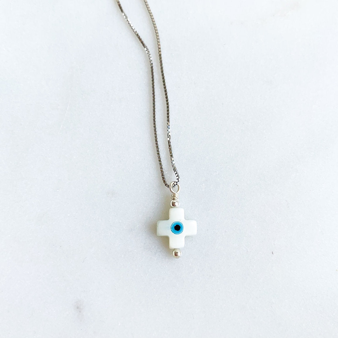 Mother of Pearl Square Cross Mati Pendant Necklace